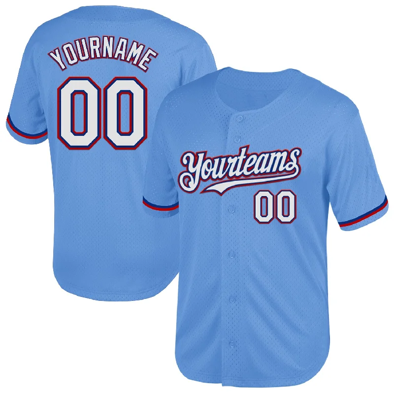 Baseball Jersey for Comfortable Design and Excellent Mobility-Custom Light Blue Royal-Red Mesh Authentic Throwback Baseball Jersey