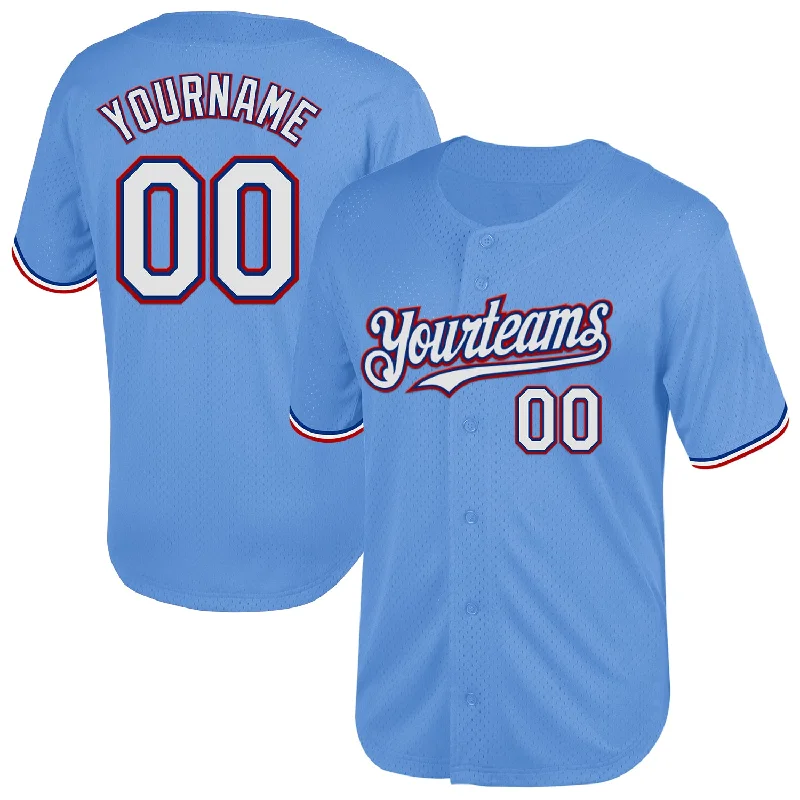 Baseball Jersey for Soft Feel and Breathable Comfort-Custom Light Blue Royal-Red Mesh Authentic Throwback Baseball Jersey