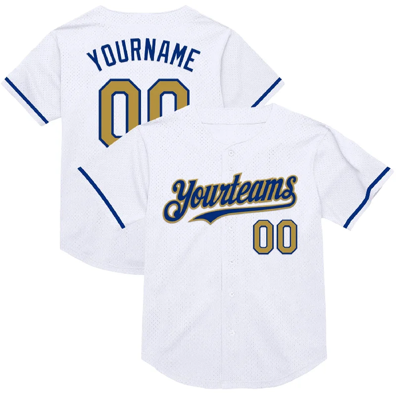 Baseball Jersey for Great Movement During Batting-Custom White Old Gold-Royal Mesh Authentic Throwback Baseball Jersey