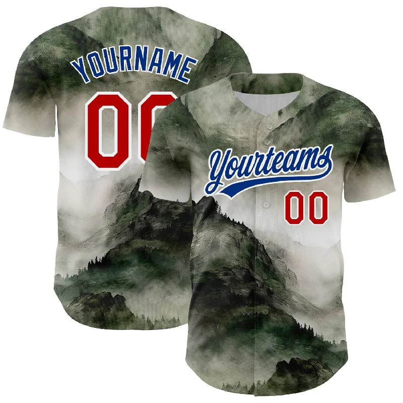 Baseball Jersey with Reinforced Seams for Extra Durability-Custom White Red-Royal 3D Pattern Design Mountains Landscape Authentic Baseball Jersey