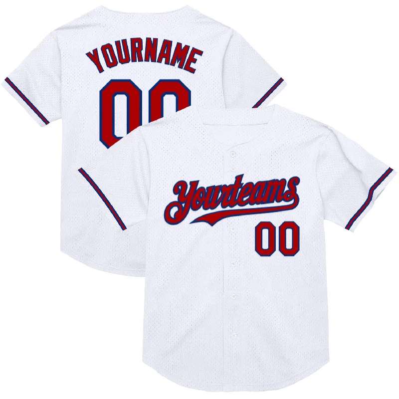 Baseball Jersey for Maximum Range of Motion and Comfort-Custom White Red-Royal Mesh Authentic Throwback Baseball Jersey