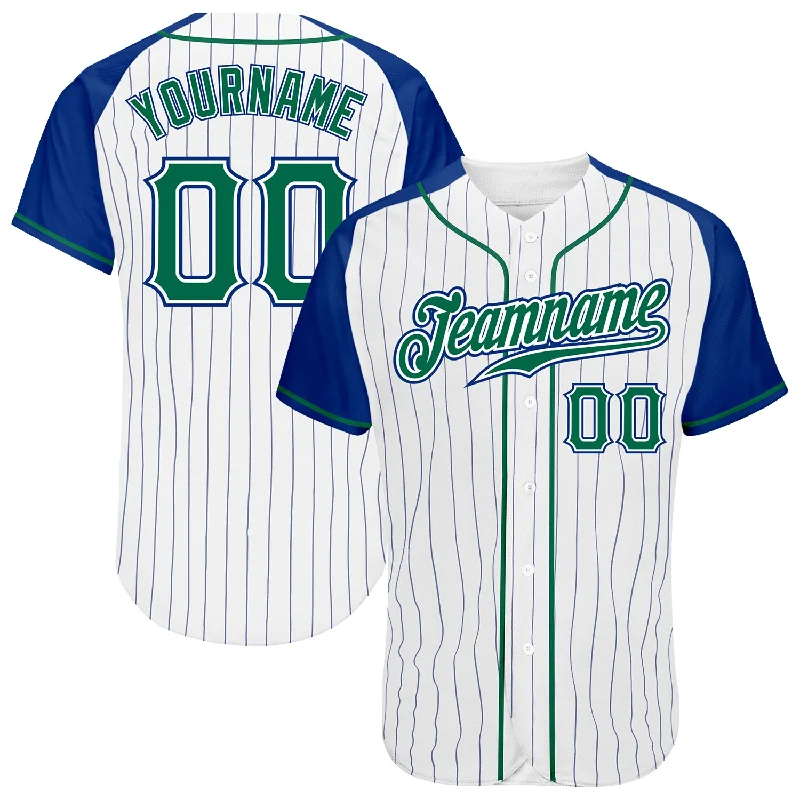 Baseball Jersey for Maximum Durability-Custom White Royal Pinstripe Kelly Green-Royal Authentic Raglan Sleeves Baseball Jersey