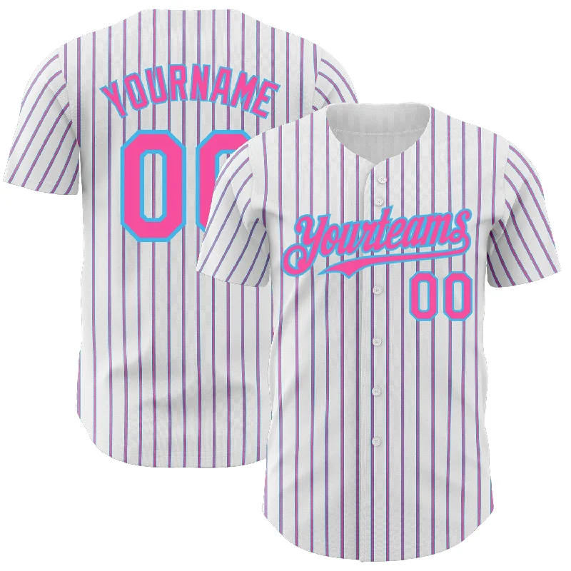 Baseball Jersey for Youth Players-Custom White (Sky Blue Pink Pinstripe) Pink-Sky Blue Authentic Baseball Jersey