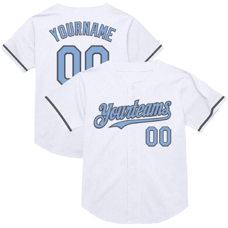 Baseball Jersey for Athletic Fit and Style-Custom White Light Blue-Steel Gray Mesh Authentic Throwback Baseball Jersey