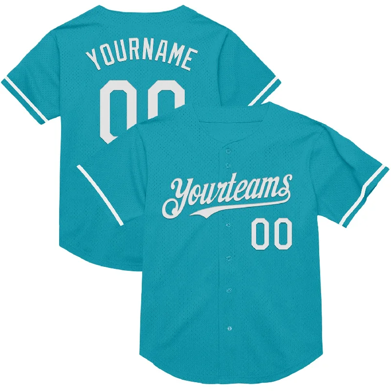 Baseball Jersey for Better Fit and Movement on the Field-Custom Teal White Mesh Authentic Throwback Baseball Jersey