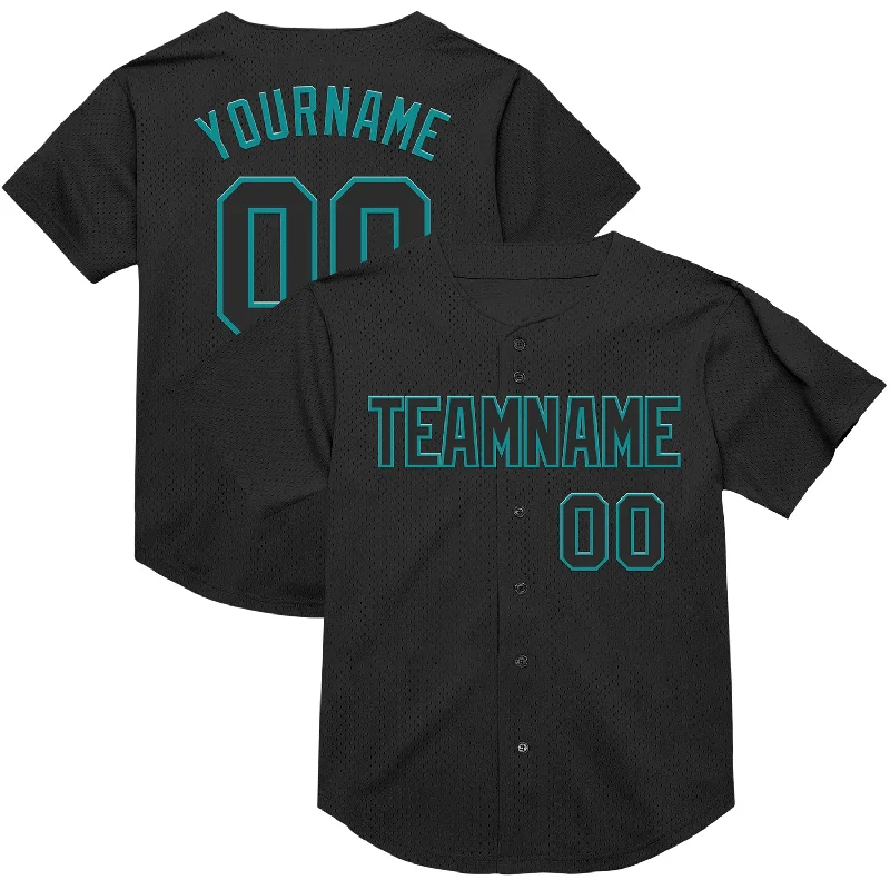 Baseball Jersey for Maximum Flexibility During Batting-Custom Black Teal Mesh Authentic Throwback Baseball Jersey