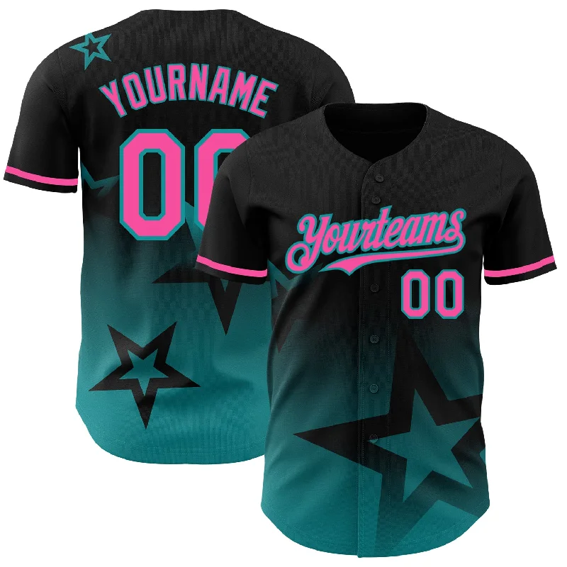 Baseball Jersey for Great Movement During Batting-Custom Black Pink-Teal 3D Pattern Design Gradient Style Twinkle Star Authentic Baseball Jersey