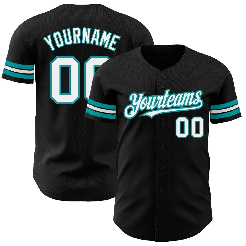 Baseball Jersey with Durable Outer Layer for Protection-Custom Black White-Teal Authentic Baseball Jersey