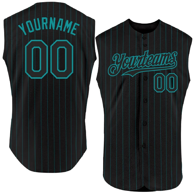 Baseball Jersey for Professional Players-Custom Black Teal Pinstripe Teal Authentic Sleeveless Baseball Jersey