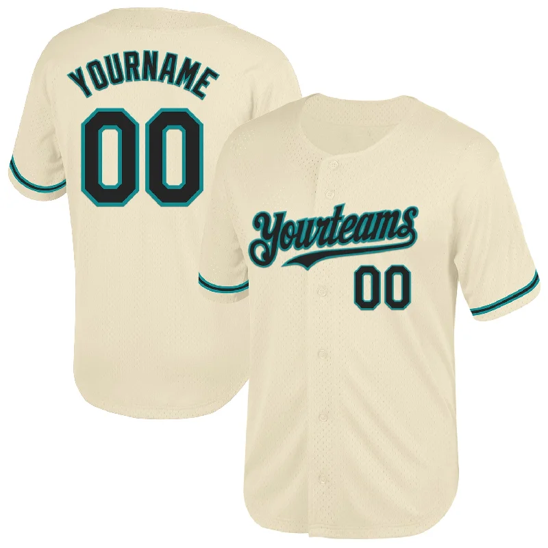 Baseball Jersey with Breathable Fabric-Custom Cream Black-Teal Mesh Authentic Throwback Baseball Jersey