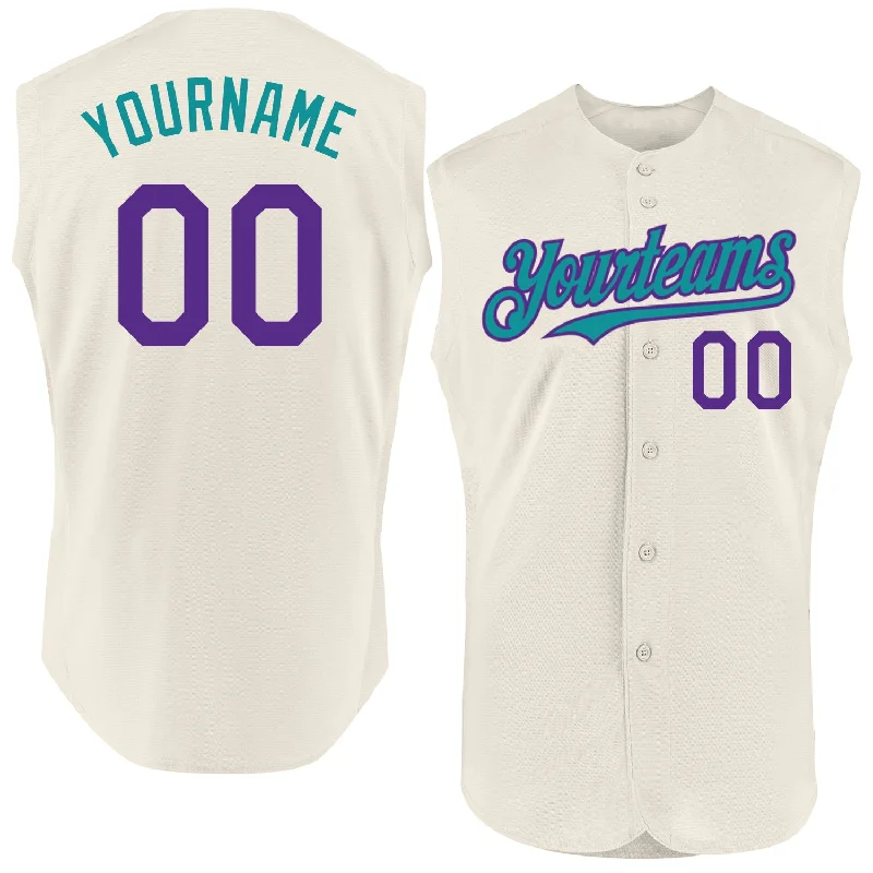 Baseball Jersey for Maximum Flexibility During Batting-Custom Cream Purple-Teal Authentic Sleeveless Baseball Jersey