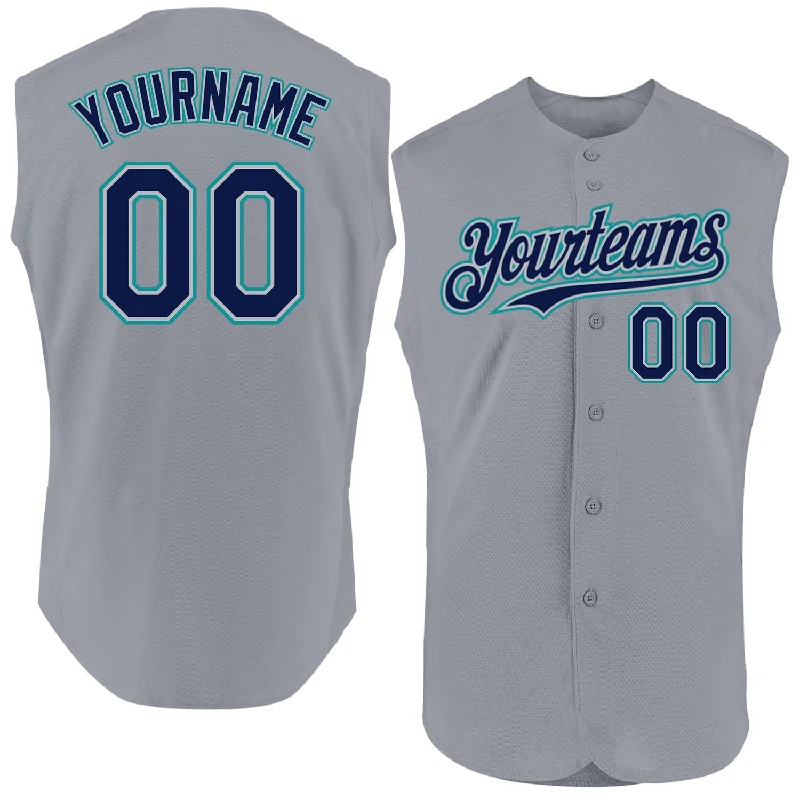 Baseball Jersey for Maximum Swing Freedom-Custom Gray Navy-Teal Authentic Sleeveless Baseball Jersey