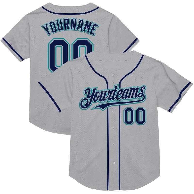 Baseball Jersey with Ultra-Light Design-Custom Gray Navy-Teal Mesh Authentic Throwback Baseball Jersey