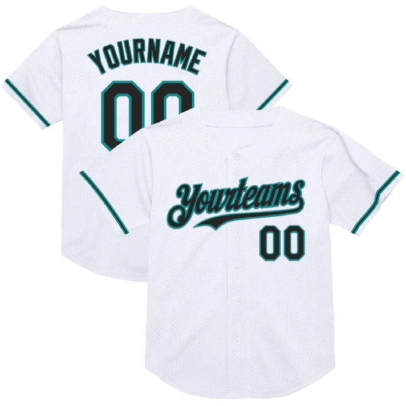 Baseball Jersey with Comfortable Fit for All Positions-Custom White Black-Teal Mesh Authentic Throwback Baseball Jersey