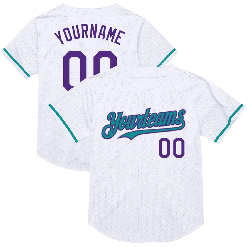 Baseball Jersey for Team Performance and Style-Custom White Purple-Teal Mesh Authentic Throwback Baseball Jersey