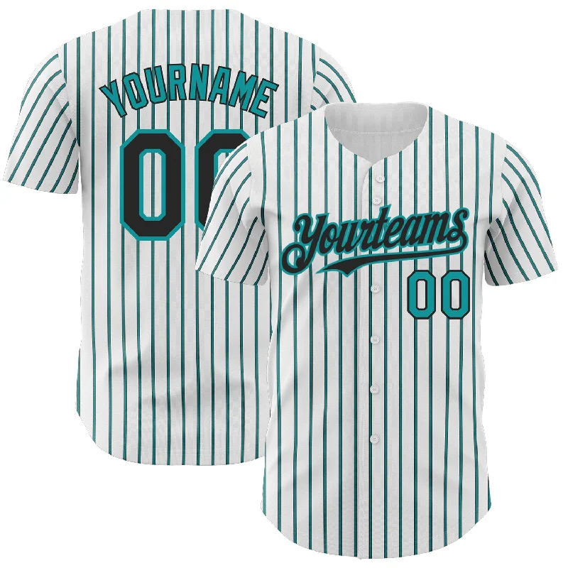 Baseball Jersey for Great Swing Freedom and Movement-Custom White (Black Teal Pinstripe) Black-Teal Authentic Baseball Jersey