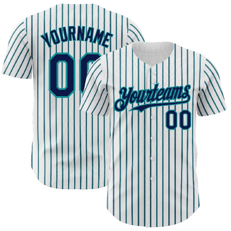 Baseball Jersey for Durable, Long-Lasting Performance-Custom White (Navy Teal Pinstripe) Navy-Teal Authentic Baseball Jersey