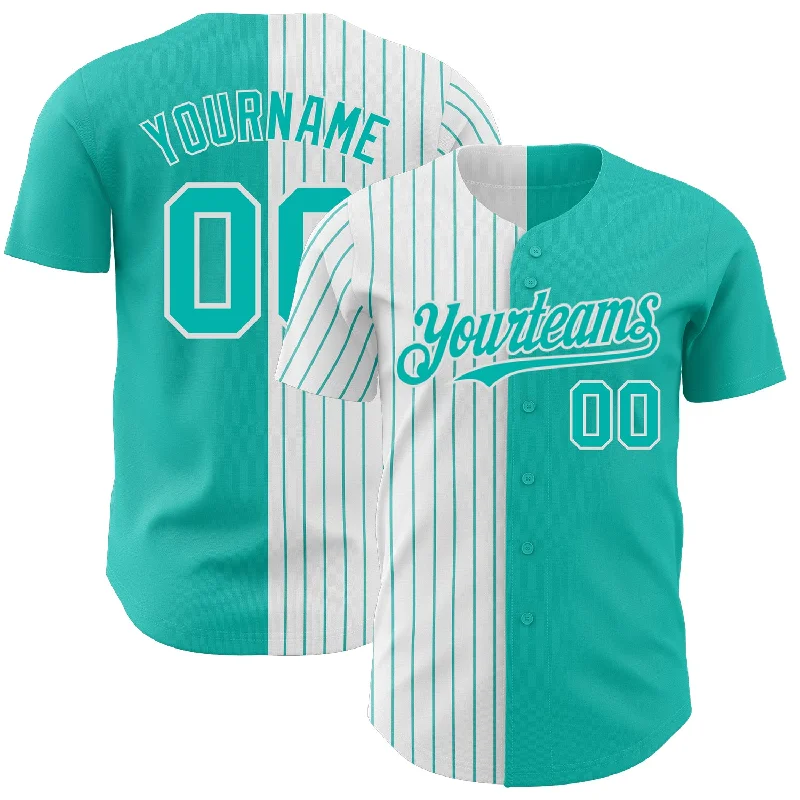 Baseball Jersey for Tough Training and Intense Games-Custom Aqua White-Aqua Pinstripe Authentic Split Fashion Baseball Jersey