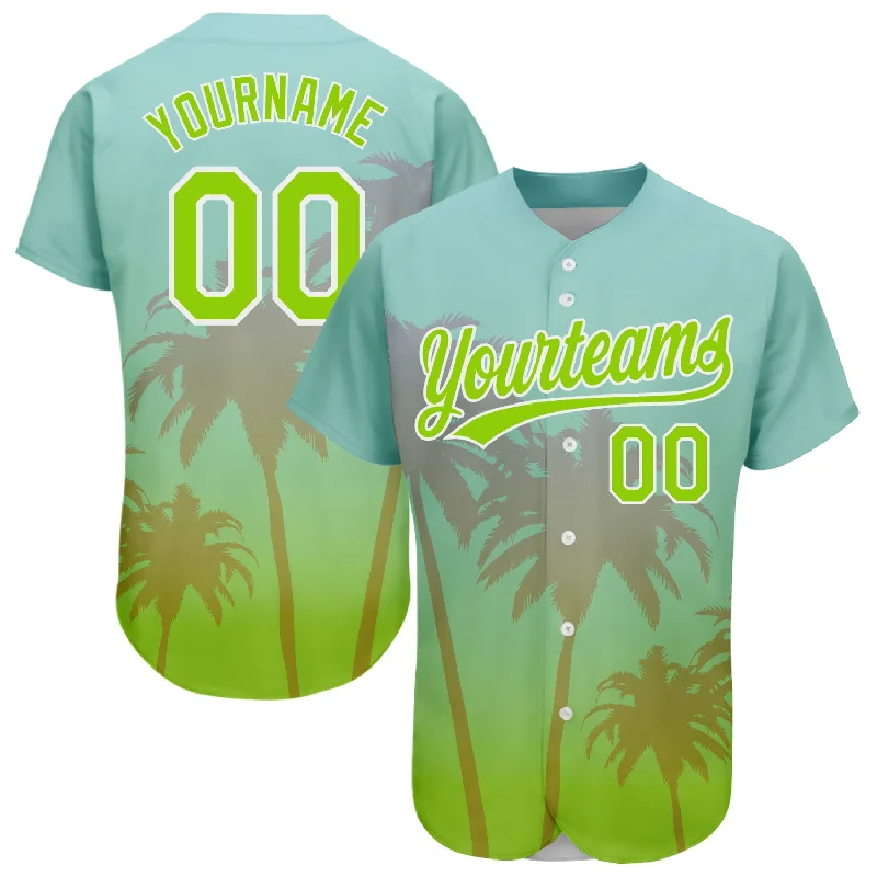 Baseball Jersey with Reinforced Shoulders for Protection-Custom Aqua Neon Green-White 3D Pattern Design Hawaii Palm Trees Authentic Baseball Jersey