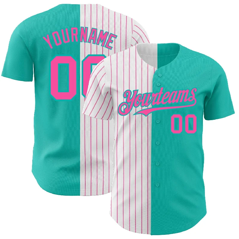 Baseball Jersey with Extra Durability for Rigorous Play-Custom Aqua White-Pink Pinstripe Authentic Split Fashion Baseball Jersey