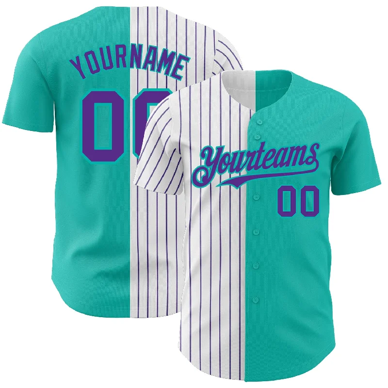 Baseball Jersey for Comfort in Every Game-Custom Aqua White-Purple Pinstripe Authentic Split Fashion Baseball Jersey