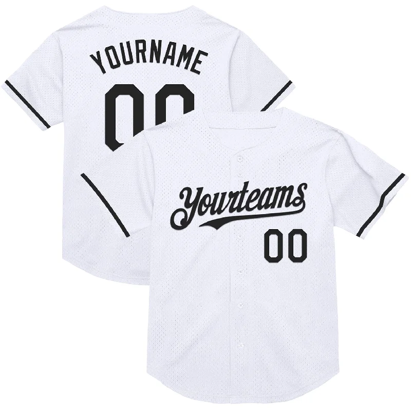 Baseball Jersey with Breathable Panels for Cooling-Custom White Black Mesh Authentic Throwback Baseball Jersey