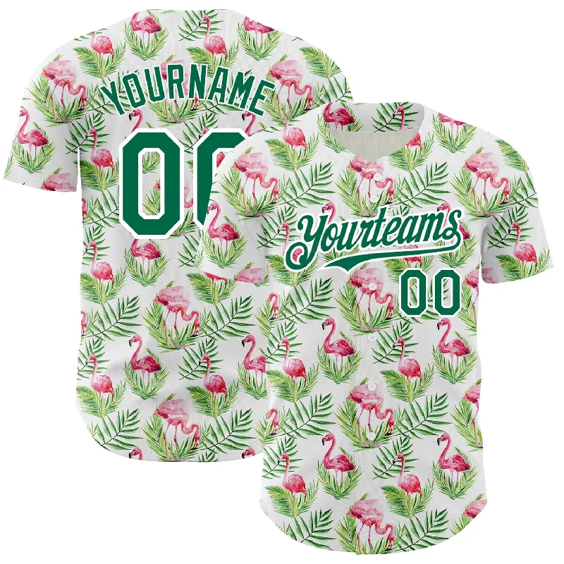 Baseball Jersey for Lightweight and Breathable Play-Custom White Kelly Green 3D Pattern Design Tropical Hawaii Palm Leaves And Flamingo Authentic Baseball Jersey