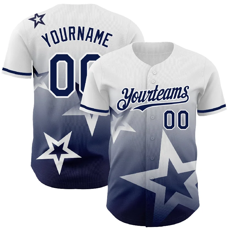 Baseball Jersey for Comfortable Play All Day-Custom White Navy 3D Pattern Design Gradient Style Twinkle Star Authentic Baseball Jersey