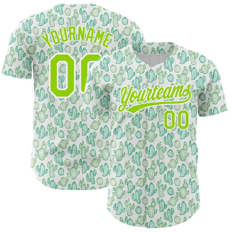 Baseball Jersey for Support and Flexibility-Custom White Neon Green 3D Pattern Design Cactus Festival Authentic Baseball Jersey