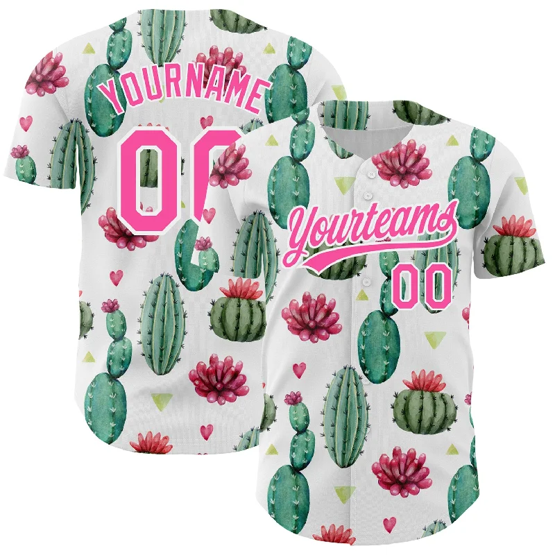 Baseball Jersey with Reinforced Shoulders for Protection-Custom White Pink 3D Pattern Design Cactus Festival Authentic Baseball Jersey