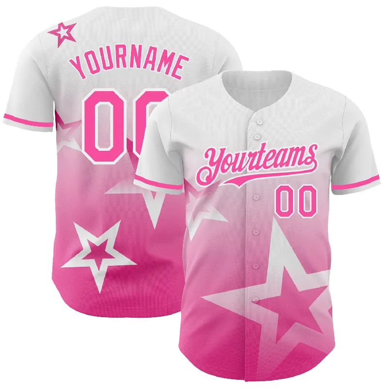 Baseball Jersey with Breathable Mesh for Ventilation-Custom White Pink 3D Pattern Design Gradient Style Twinkle Star Authentic Baseball Jersey