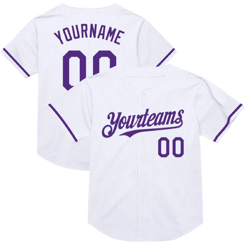 Baseball Jersey for Breathable Fabric and Soft Fit-Custom White Purple Mesh Authentic Throwback Baseball Jersey