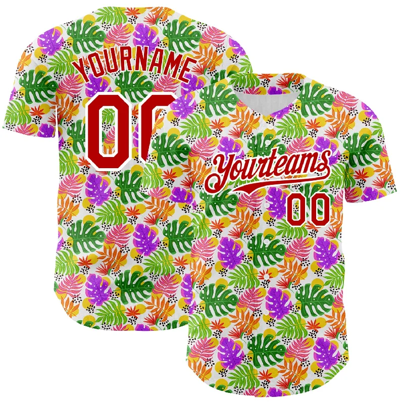 Baseball Jersey with Comfortable Fit for All Positions-Custom White Red 3D Pattern Design Tropical Hawaii Palm Leaves Authentic Baseball Jersey