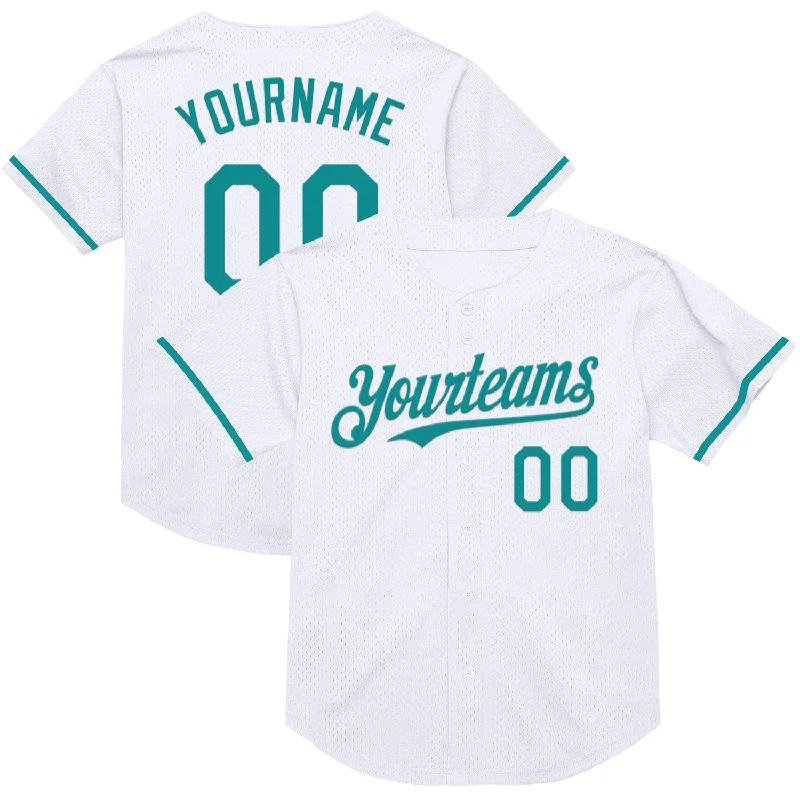 Baseball Jersey for Fast Play and Quick Movement-Custom White Teal Mesh Authentic Throwback Baseball Jersey