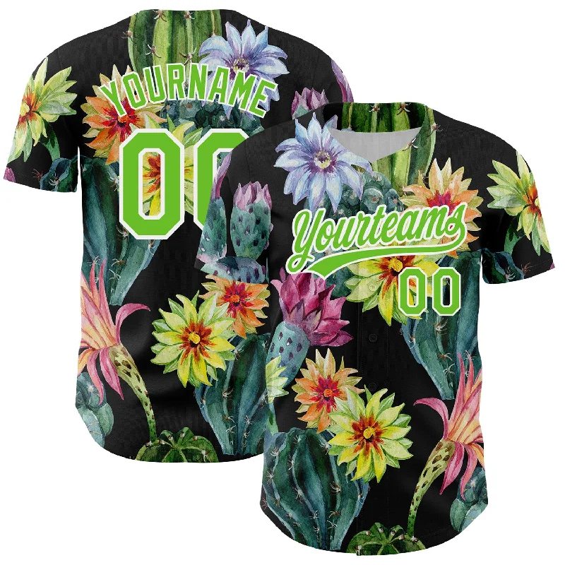 Baseball Jersey with Moisture Control-Custom Black Aurora Green-White 3D Pattern Design Cactus Festival Authentic Baseball Jersey