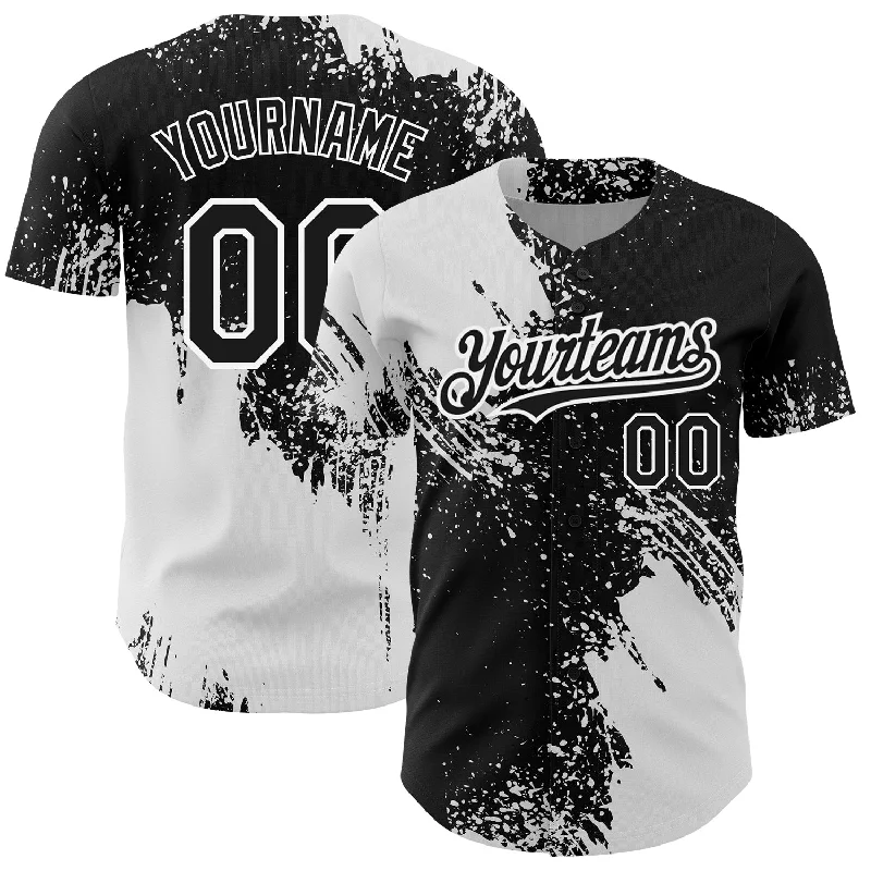 Baseball Jersey for Comfortable Swinging and Batting-Custom Black White 3D Pattern Design Abstract Brush Stroke Authentic Baseball Jersey