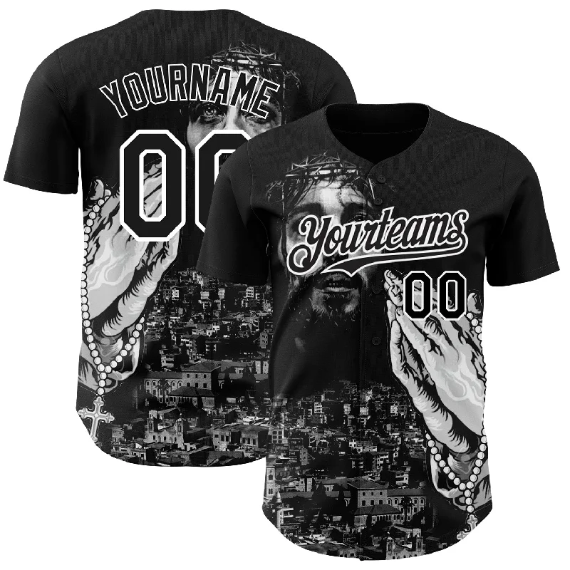 Baseball Jersey for Great Movement During Batting-Custom Black White 3D Pattern Design Religion Jesus Christ Authentic Baseball Jersey