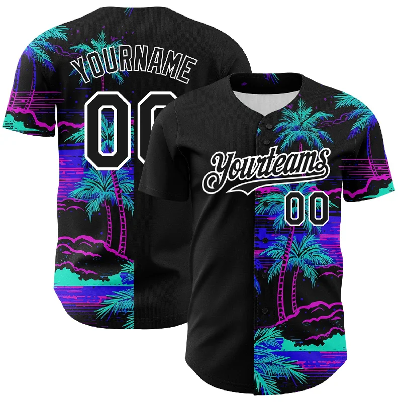 Baseball Jersey with Reinforced Stitching for Durability-Custom Black White 3D Pattern Design Beach Hawaii Palm Trees Authentic Baseball Jersey