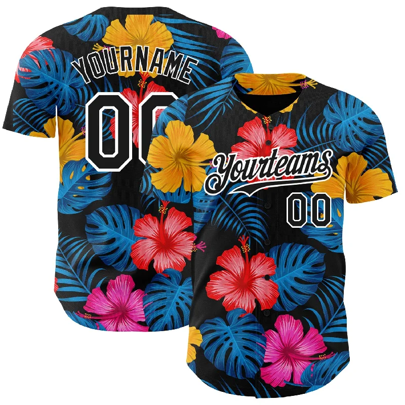 Baseball Jersey for Team Spirit and Performance-Custom Black White 3D Pattern Design Tropical Flower And Hawaii Palm Leaves Authentic Baseball Jersey