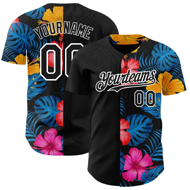 Baseball Jersey for All-Weather Comfort-Custom Black White 3D Pattern Design Tropical Flower And Hawaii Palm Leaves Authentic Baseball Jersey