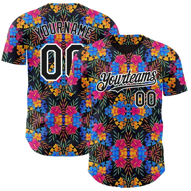 Baseball Jersey with Stretchable Fabric for Comfort-Custom Black White 3D Pattern Design Tropical Flower And Hawaii Palm Leaves Authentic Baseball Jersey