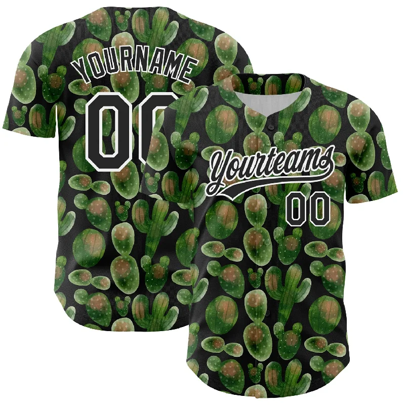 Baseball Jersey with Reinforced Seams for Durability-Custom Black White 3D Pattern Design Cactus Festival Authentic Baseball Jersey