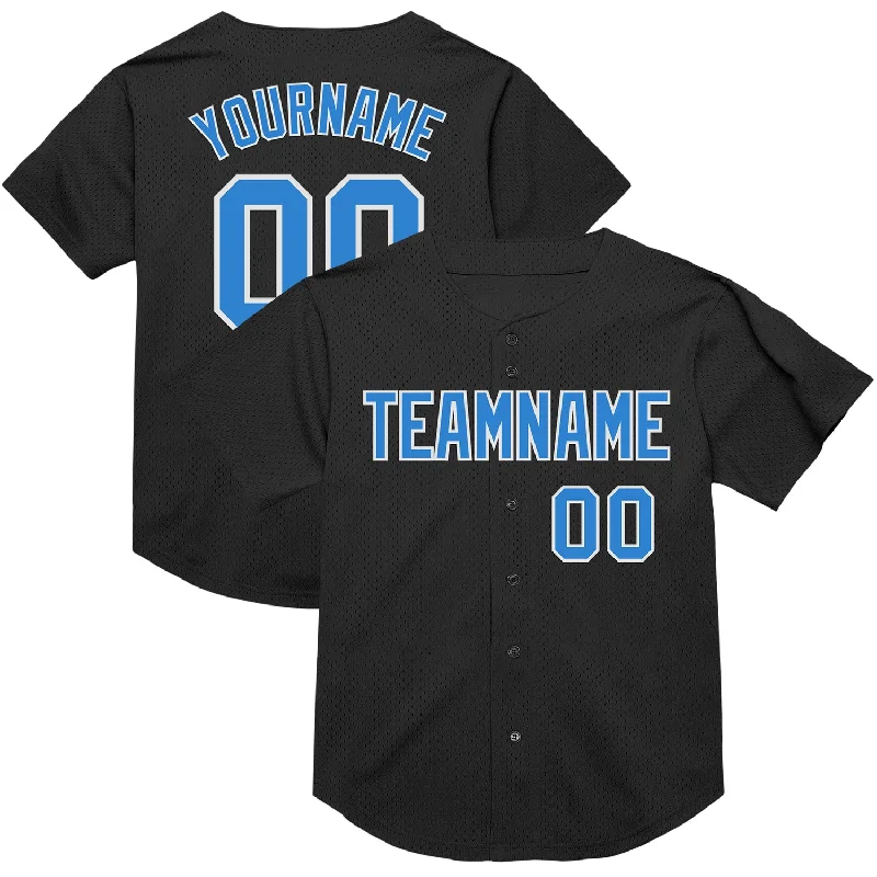 Baseball Jersey for Professional Use and Casual Wear-Custom Black Electric Blue-White Mesh Authentic Throwback Baseball Jersey