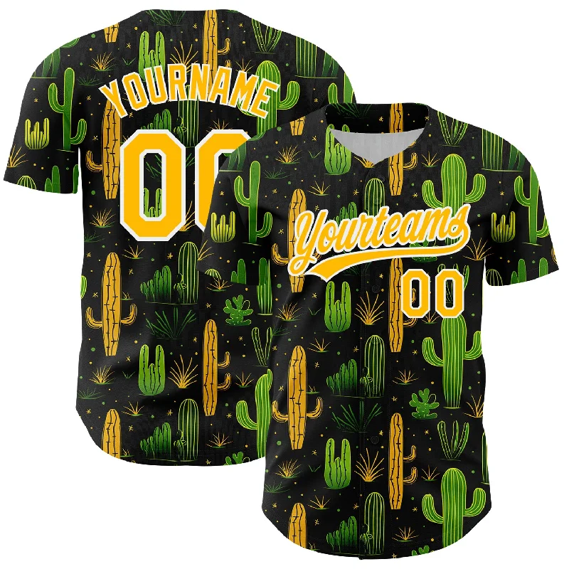 Baseball Jersey with Stretch for Better Fit-Custom Black Gold-White 3D Pattern Design Cactus Festival Authentic Baseball Jersey