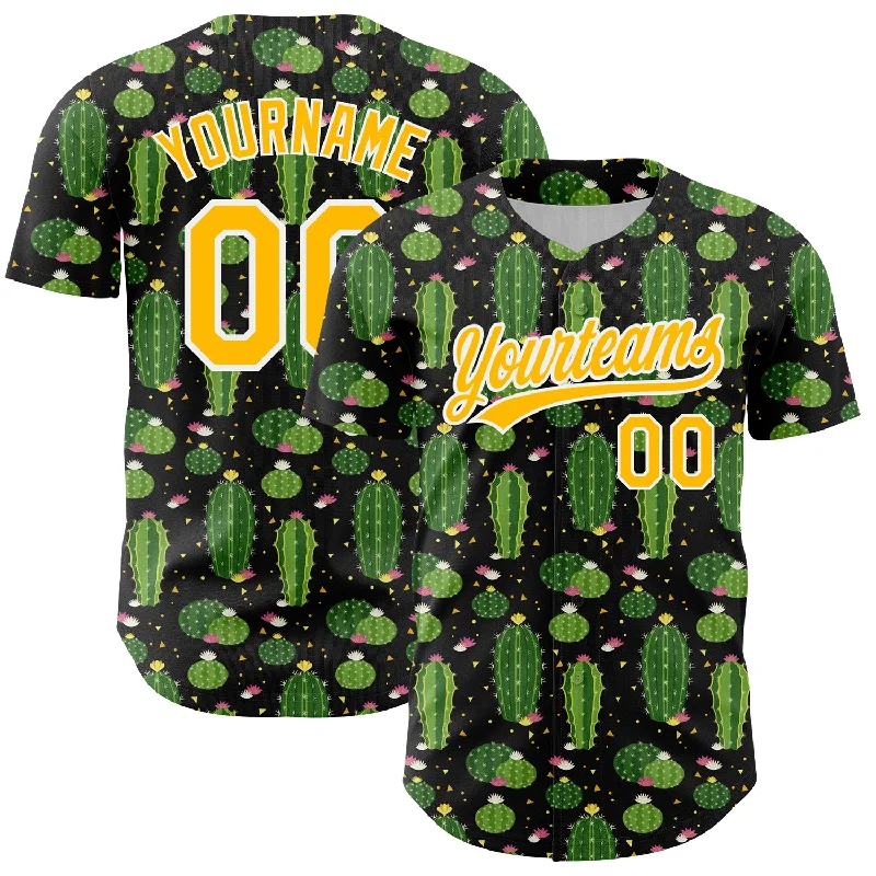 Baseball Jersey for Performance Enhancement-Custom Black Gold-White 3D Pattern Design Cactus Festival Authentic Baseball Jersey