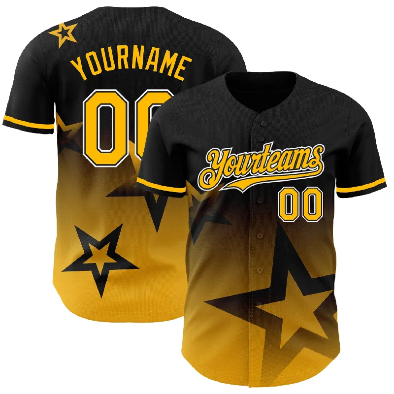 Baseball Jersey with Breathable Mesh for Ventilation-Custom Black Gold-White 3D Pattern Design Gradient Style Twinkle Star Authentic Baseball Jersey