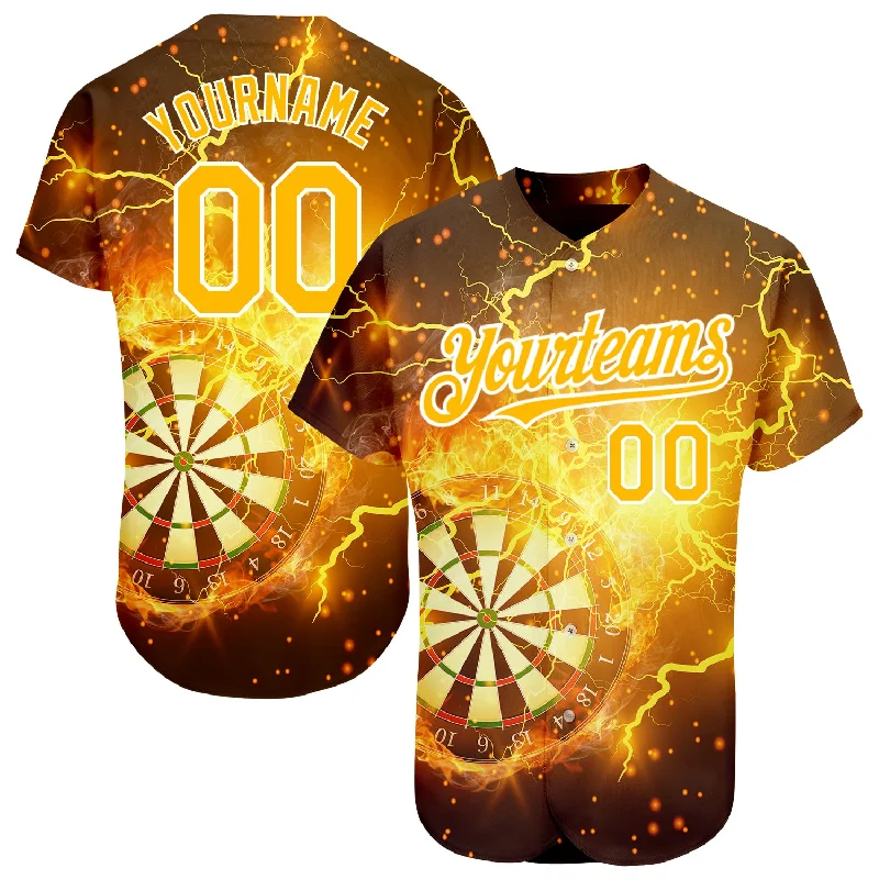 Baseball Jersey with Stylish Design for Professional Look-Custom Black Gold-White 3D Pattern Design Lightning Flame Dart Board Authentic Baseball Jersey