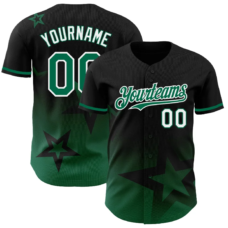 Baseball Jersey with Moisture Control for Comfort-Custom Black Kelly Green-White 3D Pattern Design Gradient Style Twinkle Star Authentic Baseball Jersey