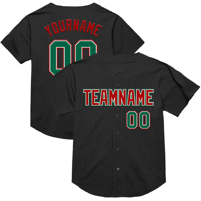 Baseball Jersey for Youth and Professional Athletes-Custom Black Kelly Green-Red Mesh Authentic Throwback Baseball Jersey