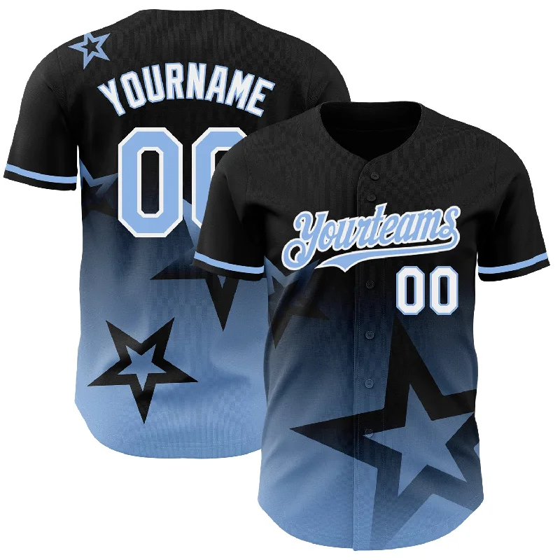 Baseball Jersey for Easy Fit and Quick Movement-Custom Black Light Blue-White 3D Pattern Design Gradient Style Twinkle Star Authentic Baseball Jersey